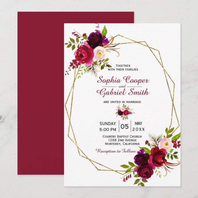 Modern Burgundy Marsala Floral Gold Rahmen Wedding Einladung (Vorne/Hinten)