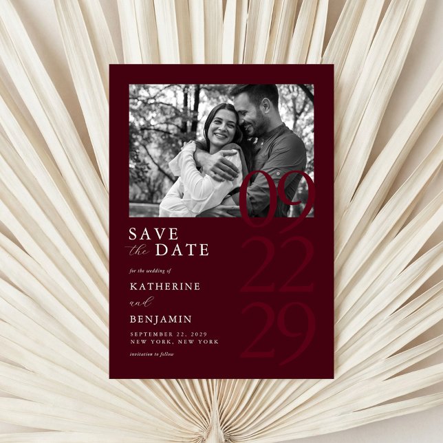 Modern Burgundy Minimalist Photo Wedding Save The Date (Von Creator hochgeladen)