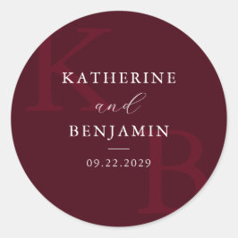 Modern Burgundy Monogram Minimalist Wedding Runder Aufkleber