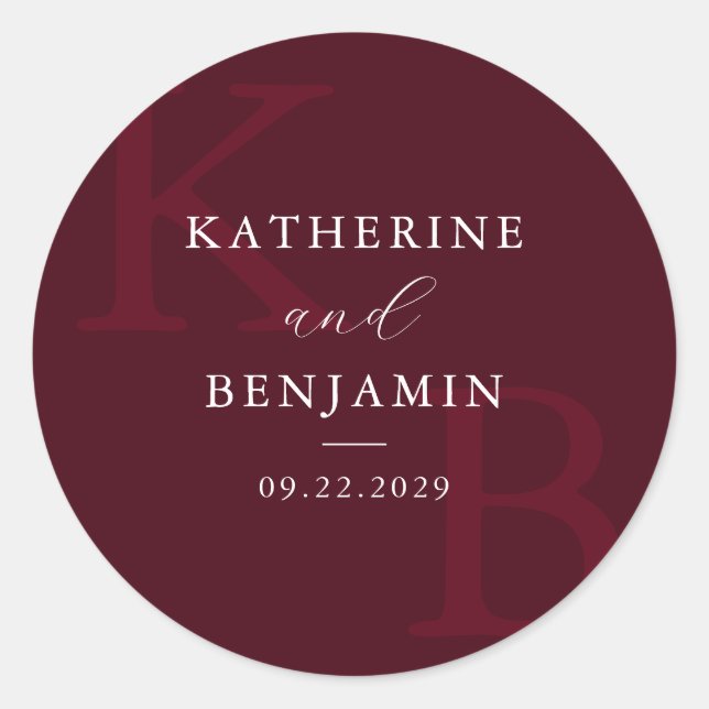 Modern Burgundy Monogram Minimalist Wedding Runder Aufkleber (Vorderseite)