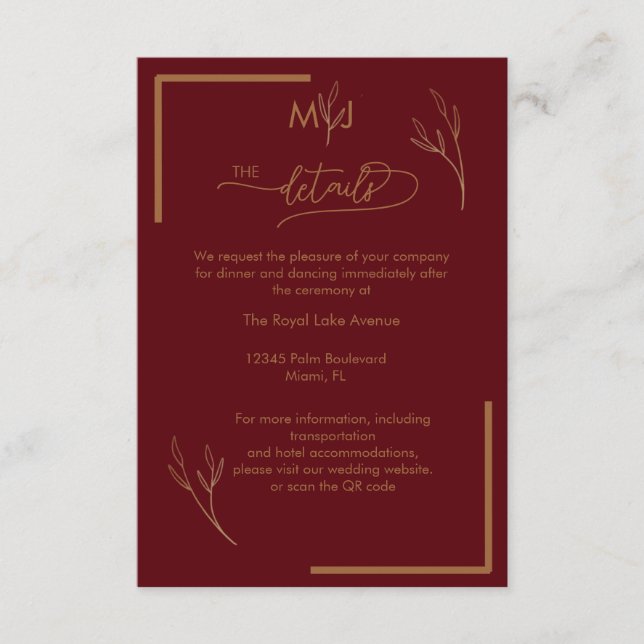 Modern Burgundy  Monogram Wedding Details Begleitkarte (Vorderseite)