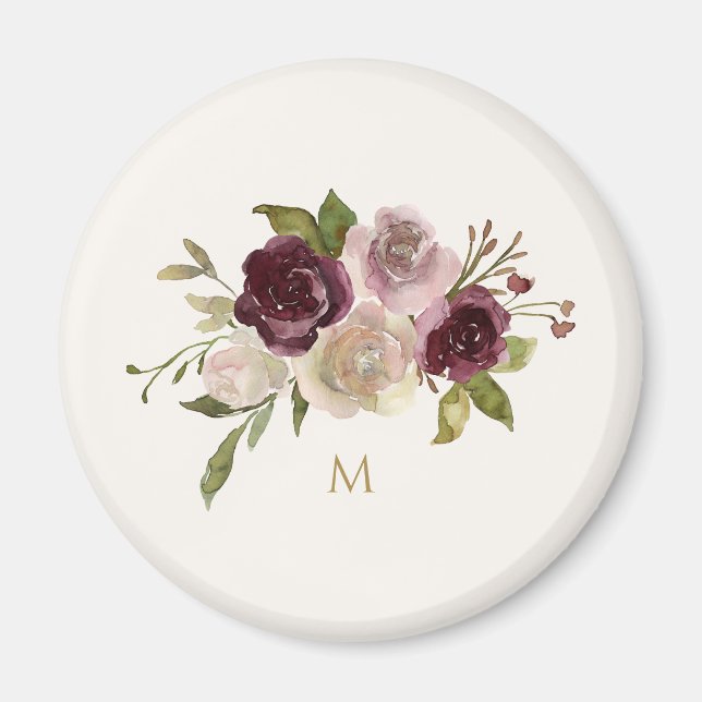 Modern Burgundy Pink Floral Watercolor Monogram Magnet (Vorne)