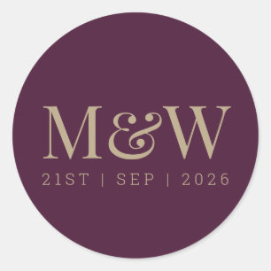 Modern Burgundy Plum Wine Briom Groom Monogram Runder Aufkleber