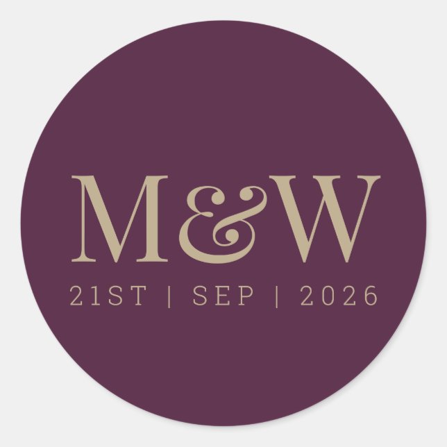Modern Burgundy Plum Wine Briom Groom Monogram Runder Aufkleber (Vorderseite)