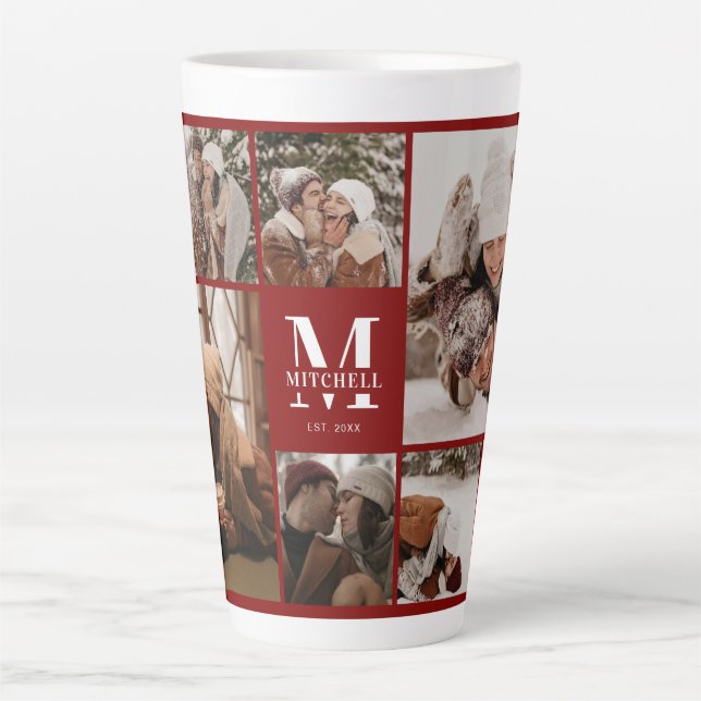 Modern Burgundy Red Family Foto Collage Keepake Milchtasse (Vorderseite)