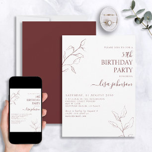 Modern Burgundy Script Botanical 50. Geburtstag Einladung