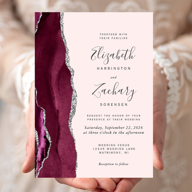 Modern Burgundy Silver Agate Blush Pink Wedding Einladung (Von Creator hochgeladen)