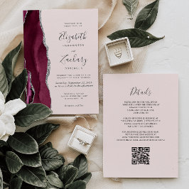 Modern Burgundy Silver Agate Blush QR Code Wedding Einladung