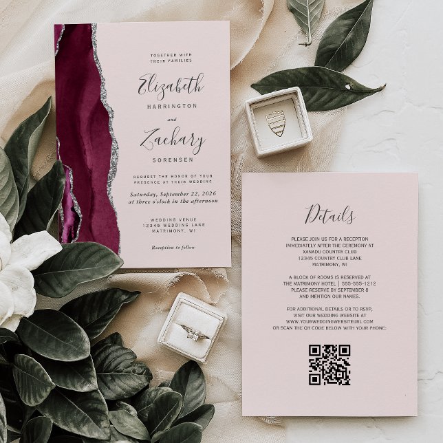 Modern Burgundy Silver Agate Blush QR Code Wedding Einladung (Von Creator hochgeladen)