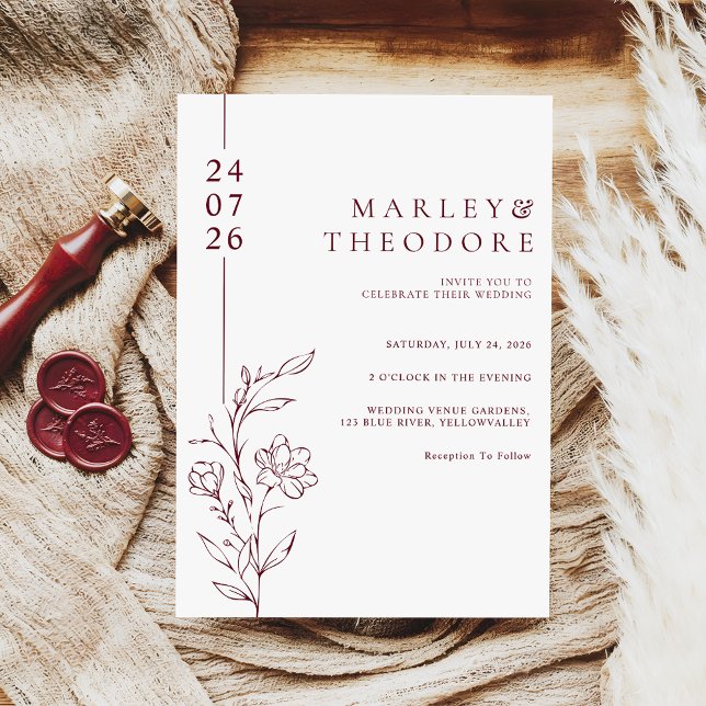 Modern Burgundy Typography Floral Line Art Wedding Einladung (Von Creator hochgeladen)