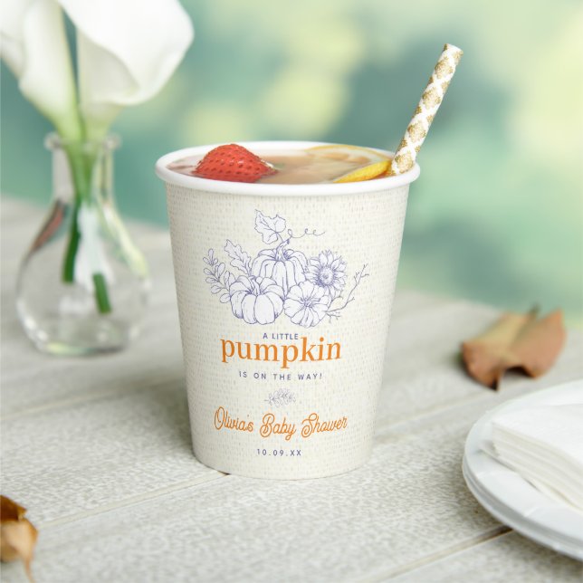 Modern Burlap Blue Orange Pumpkin Baby Shower Pappbecher (In Situ)