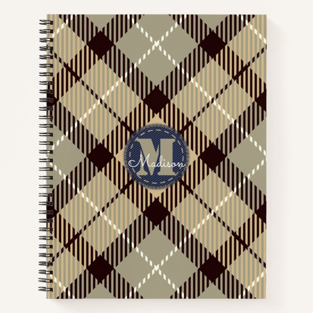 Modern Burlywood Gray Tartan Jeans Monogram Name Notizbuch (Vorderseite)