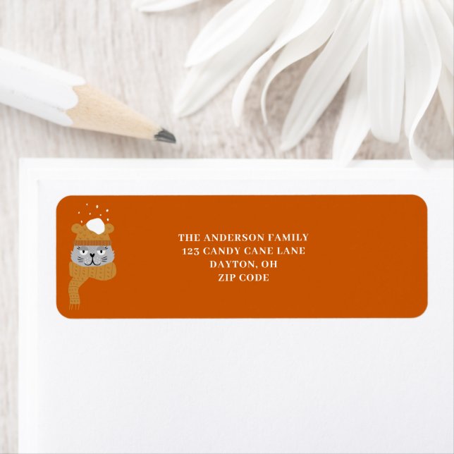 Modern Burnt Orange Christmas Cat Label (Insitu)
