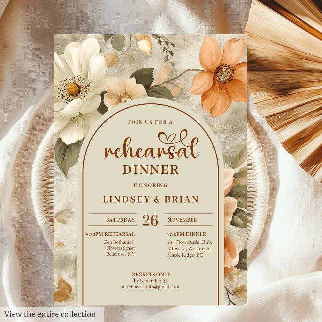 Modern Burnt Orange Ivory Sage Floral Rehearsal  Einladung (Modern Burnt Orange Ivory Sage Floral Rehearsal Invitation)