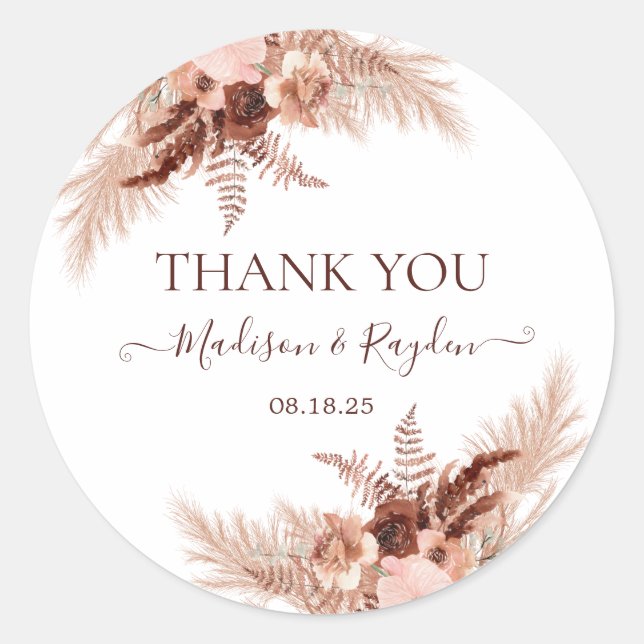 Modern Burnt Orange Pampas Wedding Vielen Dank Runder Aufkleber (Vorderseite)