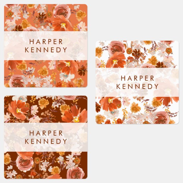 Modern Burnt Orange Terracotta Florals Name Etiketten (Gruppe)