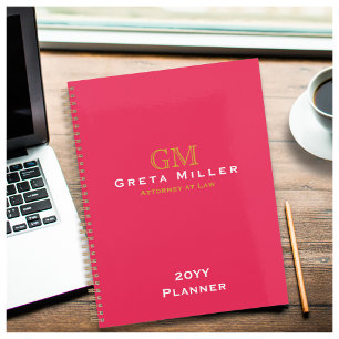 Modern Business Hot Pink Gold Monogram Planer
