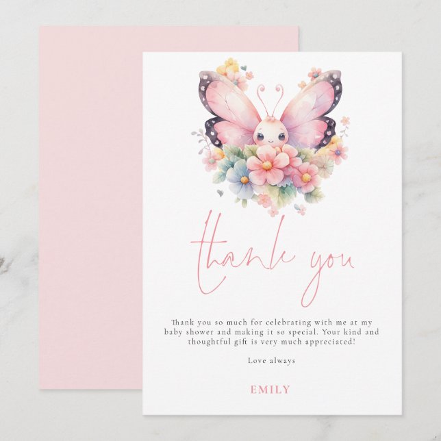 Modern Butterfly Florals Baby Dusche Vielen Dank Karte (Vorne/Hinten)