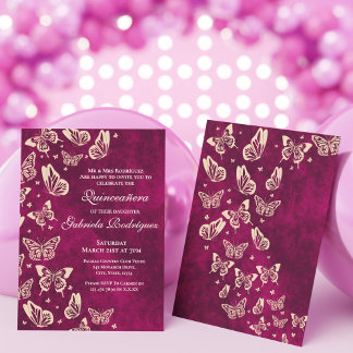 Modern Butterfly Pink Gold Quinceñera 15. Party Einladung