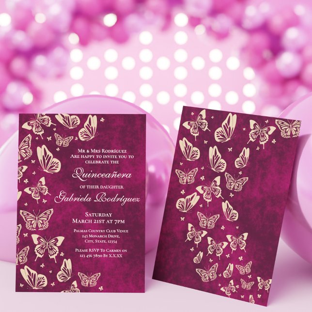 Modern Butterfly Pink Gold Quinceñera 15. Party Einladung (Modern Butterfly Pink Gold Quinceañera 15th Party Invitation)