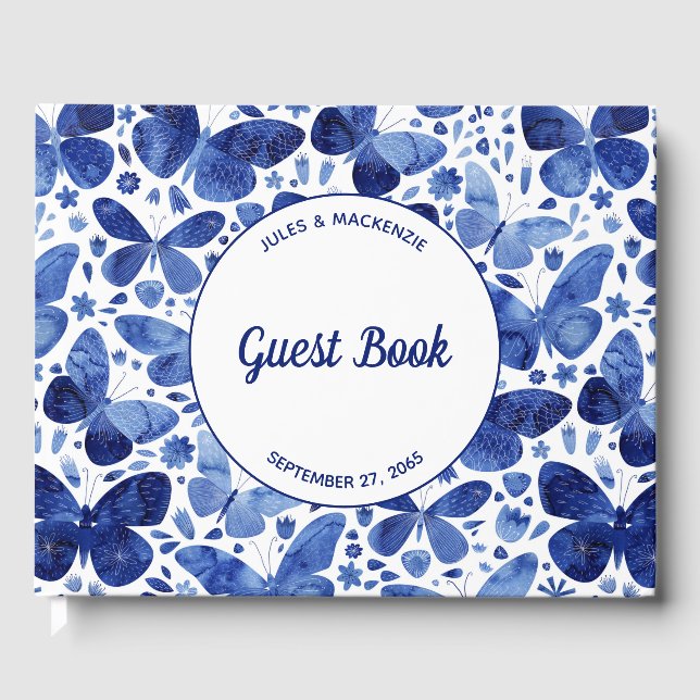 Modern Butterfly Watercolor Blau Gästebuch (Vorderseite)