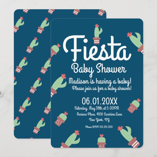 Modern Cactus Border Fiesta Baby Shower Einladung (Vorne/Hinten)