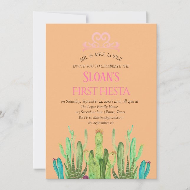 Modern Cactus Tiara First Fiesta Birthday Einladung (Vorderseite)