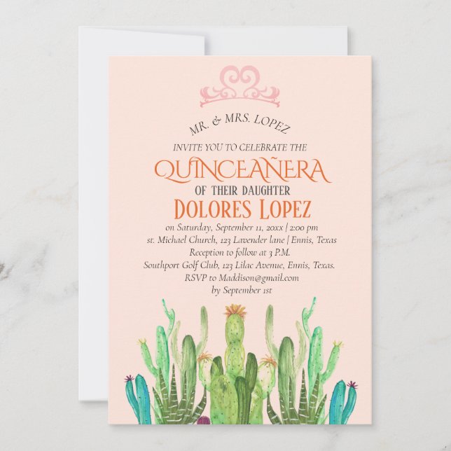Modern Cactus Tiara Quinceañera Fiesta Birthday Einladung (Vorderseite)