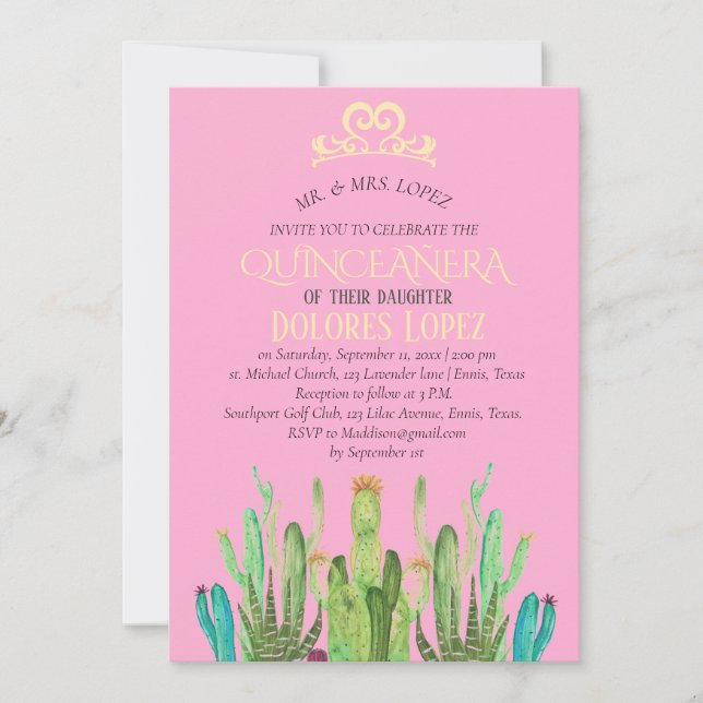 Modern Cactus Tiara Quinceañera Fiesta Birthday Einladung (Vorderseite)