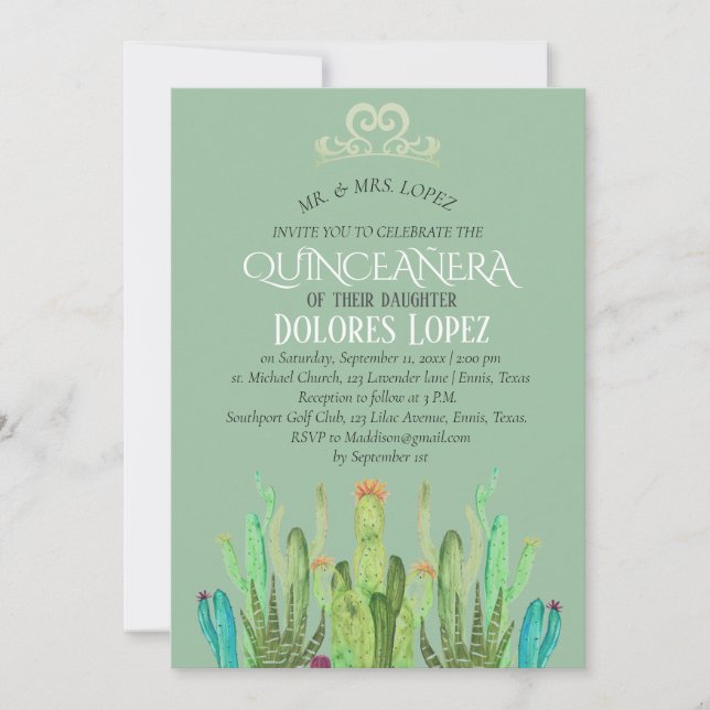 Modern Cactus Tiara Quinceañera Fiesta Birthday Einladung (Vorderseite)