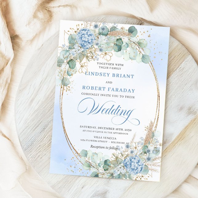 Modern Calligraphy Blue Floral Gold Wedding Invite Einladung (Modern Calligraphy Blue Floral Gold Wedding Invitation)