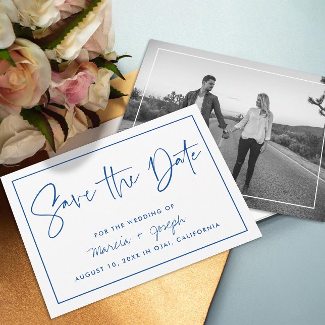Modern calligraphy Blue Non-Photo Save The Date (Von Creator hochgeladen)