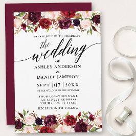 Modern Calligraphy Burgundy Floral Elegant Wedding Einladung