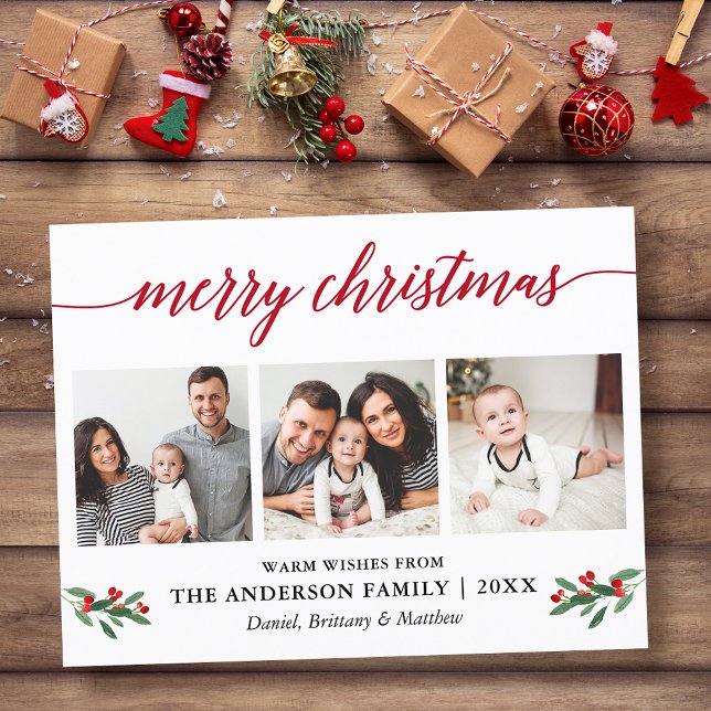 Modern Calligraphy Holly Red Christmas 3 Foto Postkarte (Customize to change your personalized text size or text style.)