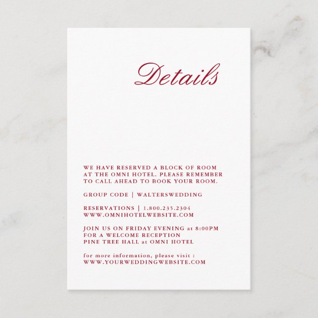 Modern Calligraphy Red Wedding Detail Card Begleitkarte (Vorderseite)