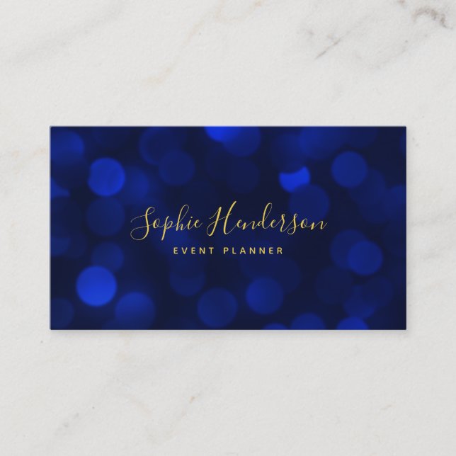 Modern Calligraphy Sapphire Blue Bokeh Lights Visitenkarte (Vorderseite)