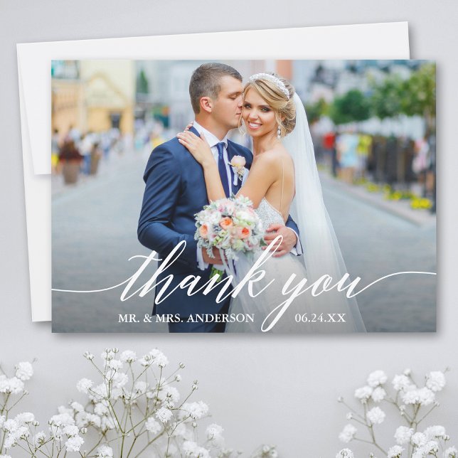 Modern Calligraphy Wedding Bride Groom Photo W Dankeskarte (Customize to add text or more photos to back of card.)