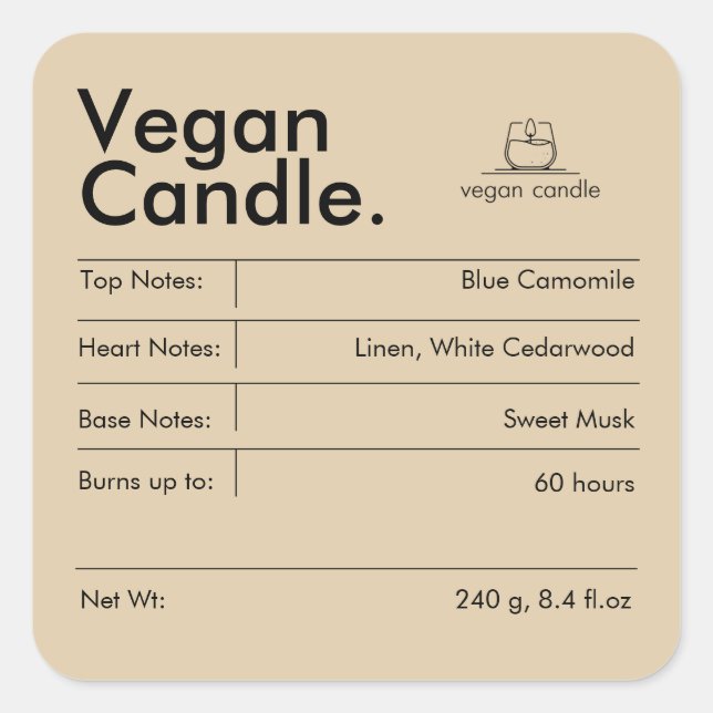 Modern Candle Label Quadratischer Aufkleber (Vorderseite)