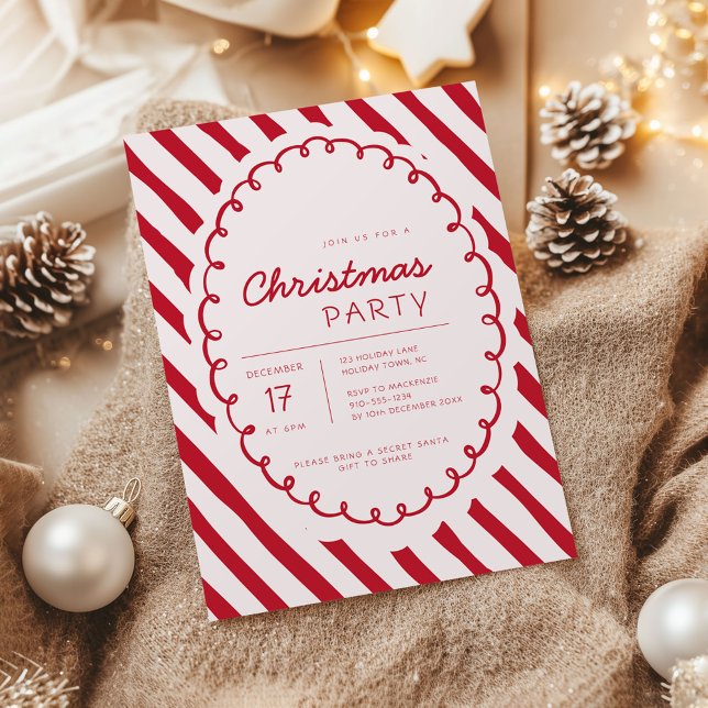 Modern Candy Cane Theme Christmas Party Invitation (Retro Candy Cane Whimsical Striped Christmas party invitation)