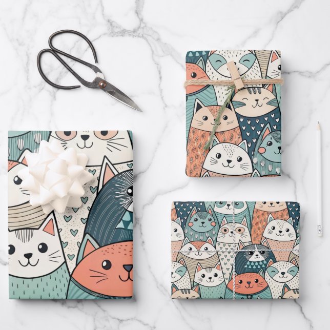 Modern Cat Characters Pattern Geschenkpapier Set (Vorderseite)