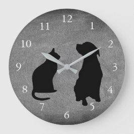 Modern cat dog  silhouettes pets chalkboard große wanduhr