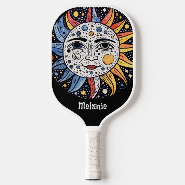 Modern Celestial Sun Moon Monogram Pickleball Schläger (Vorderseite)
