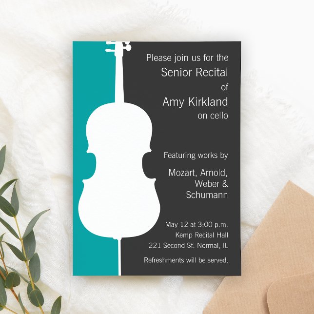 Modern Cello Erwägungsgrund Einladung - Blau (Custom senior recital invitations for cello players.)