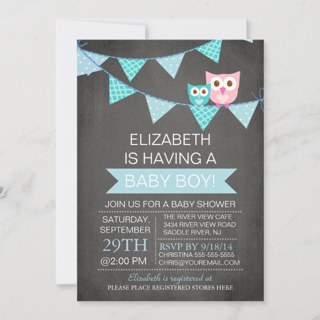 Modern Chalkboard Bunting Owl Boy Baby Showdusche Einladung (Vorderseite)