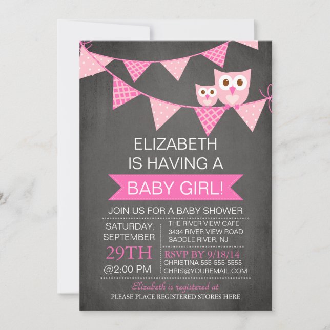 Modern Chalkboard Bunting Owl GIRL Baby Dusche Einladung (Vorderseite)
