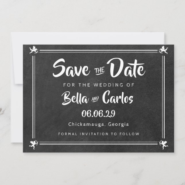 Modern Chalkboard Cupids Save the Date Einladung (Vorderseite)