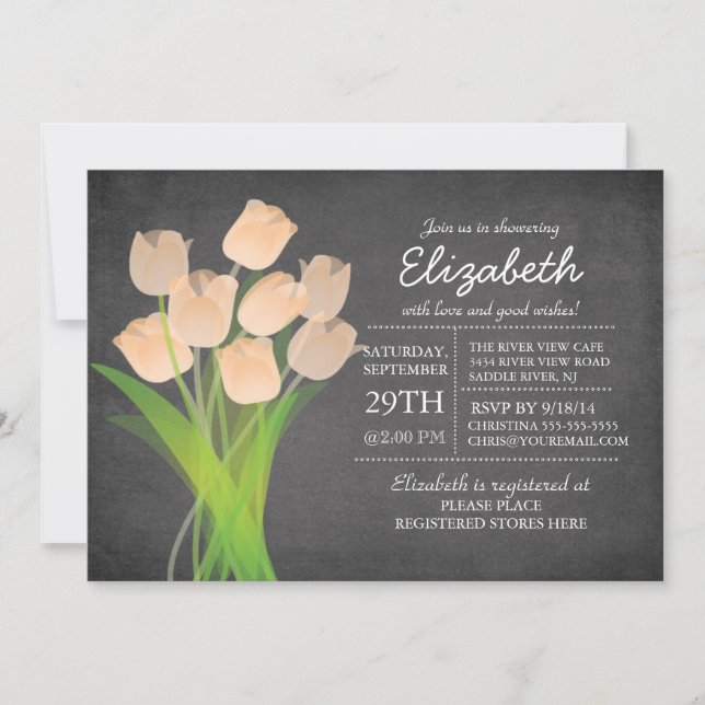 Modern Chalkboard Peach Tulip Girls Babydusche Einladung (Vorderseite)