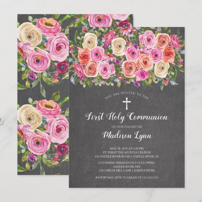 Modern Chalkboard Rosa Floral Erste Heilige Kommun Einladung (Vorne/Hinten)