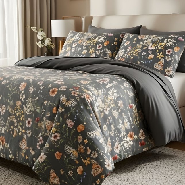 Modern Charcoal Gray Boho Wildflowers Kissenbezug (Von Creator hochgeladen)