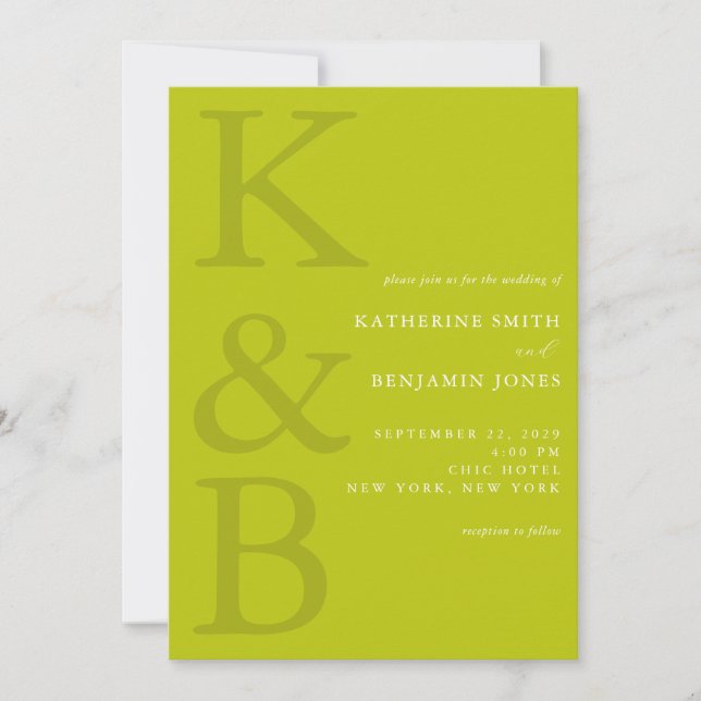 Modern Chartreuse Monogram Minimalist Wedding Einladung (Vorderseite)